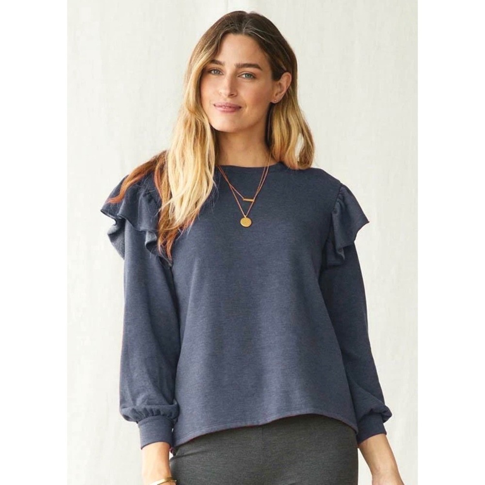 Matilda Jane Women's Blue Ruffle Shoulder Long Sleeve Top Back Zip Size L Shirt
